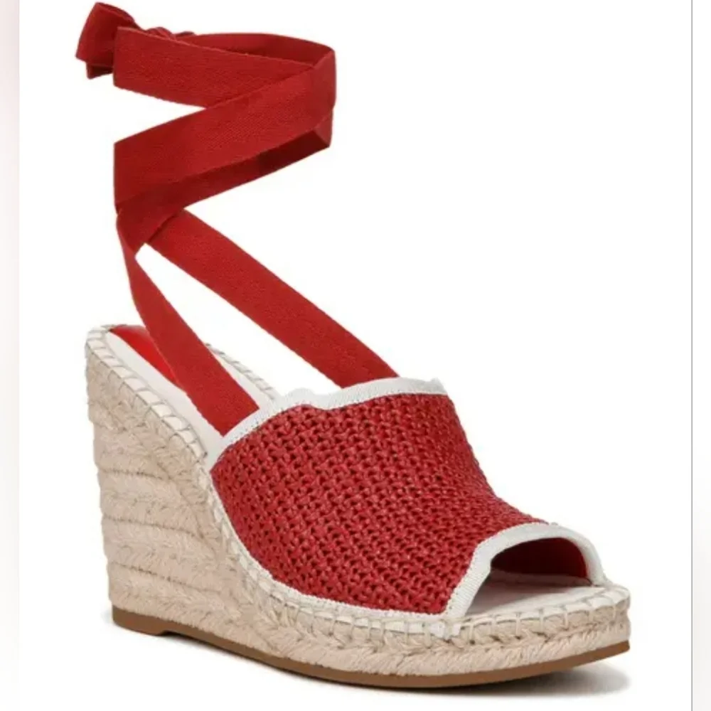 Red Woven Espadrille Wedge Sandals with Ankle Tie